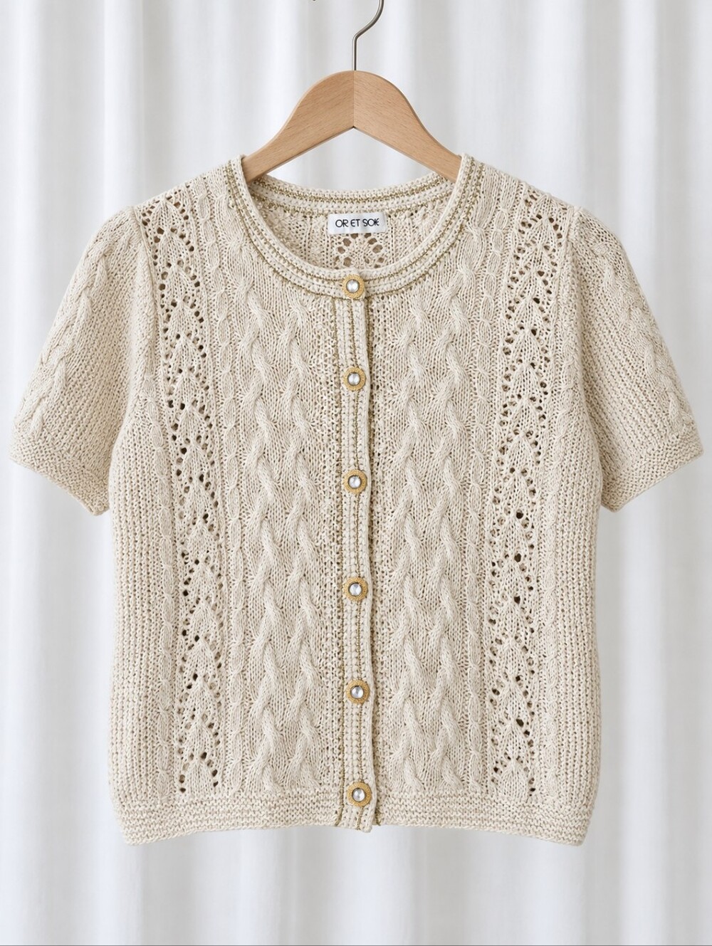 Or Et Soie Japan Silk Mixed Knit Ivory Gold Metallic Cropped Cardigan Sweater
